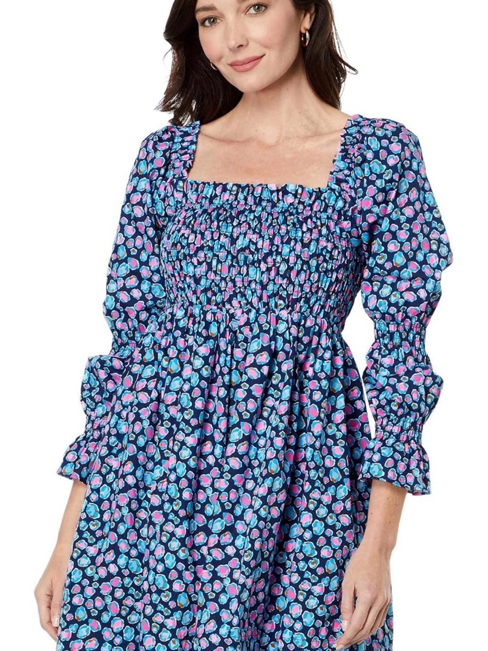 Lilly Pulitzer Navy Blue Pink Teal Smocked Mini Dress